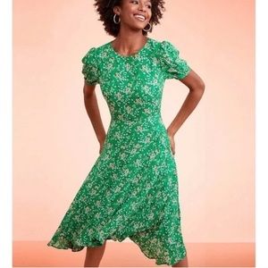 Loft Green Micro Floral Puff Sleeve Midi Dress Size 6